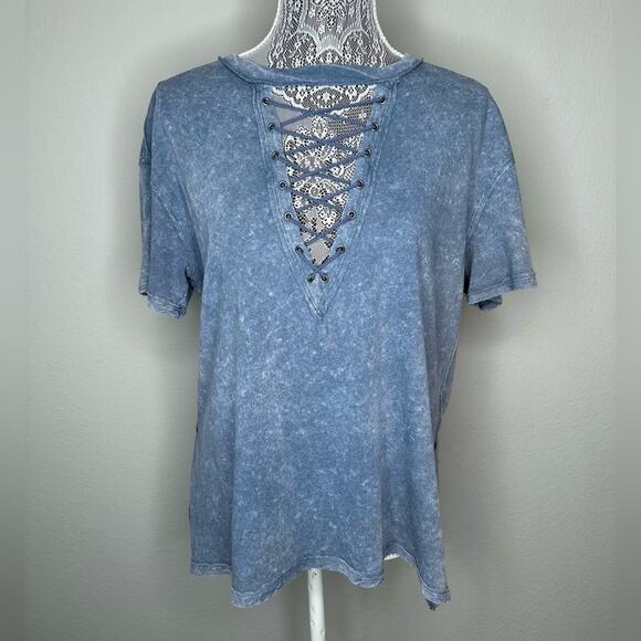 FREE PEOPLE Women's Lace Up Plunge V-Neck Split Hem Oversized Cotton Tee Size XS - Picture 5 of 9